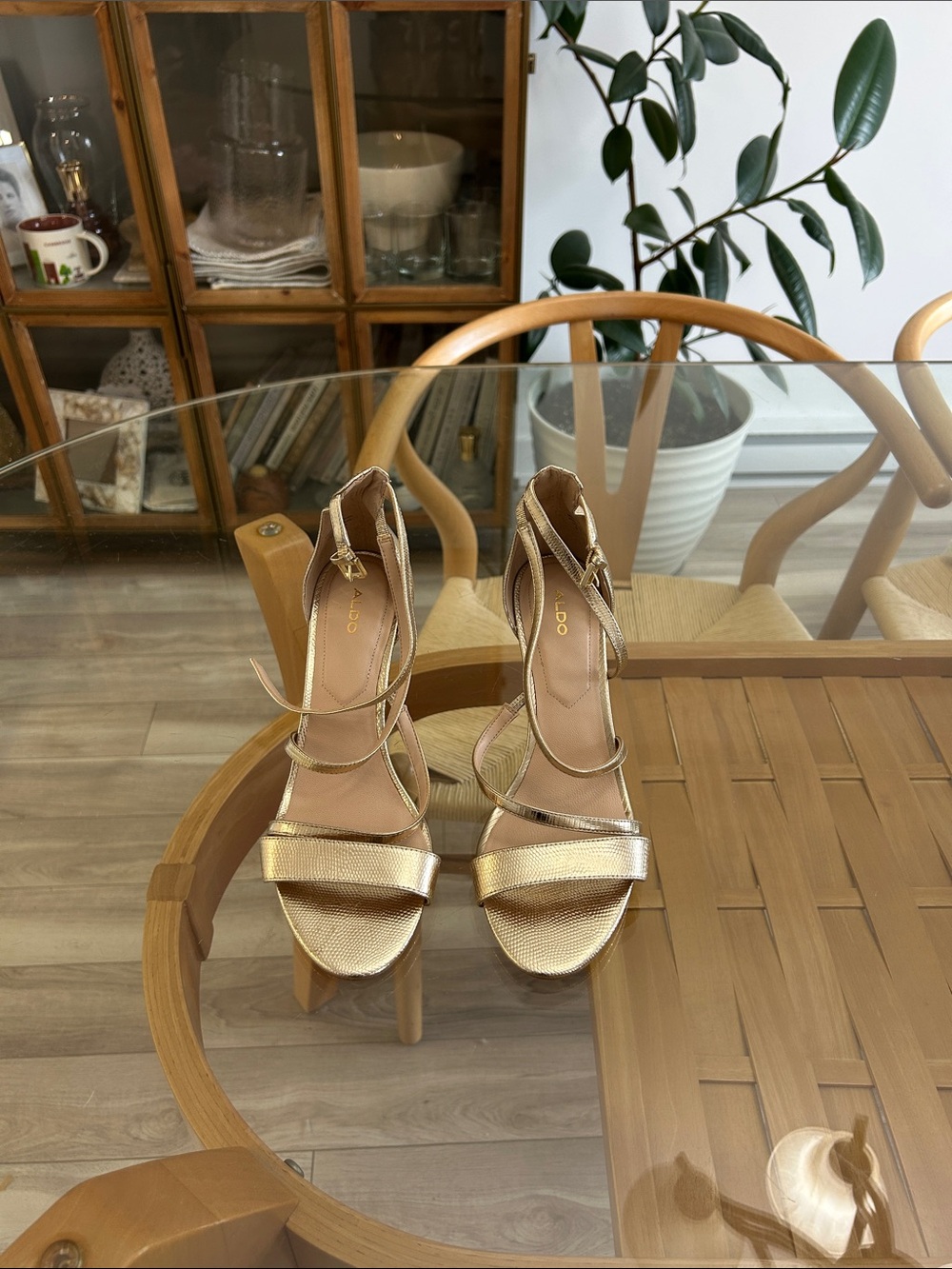 Aldo Genuine Leather Metallic Gold Strappy Block Heel Sandals
